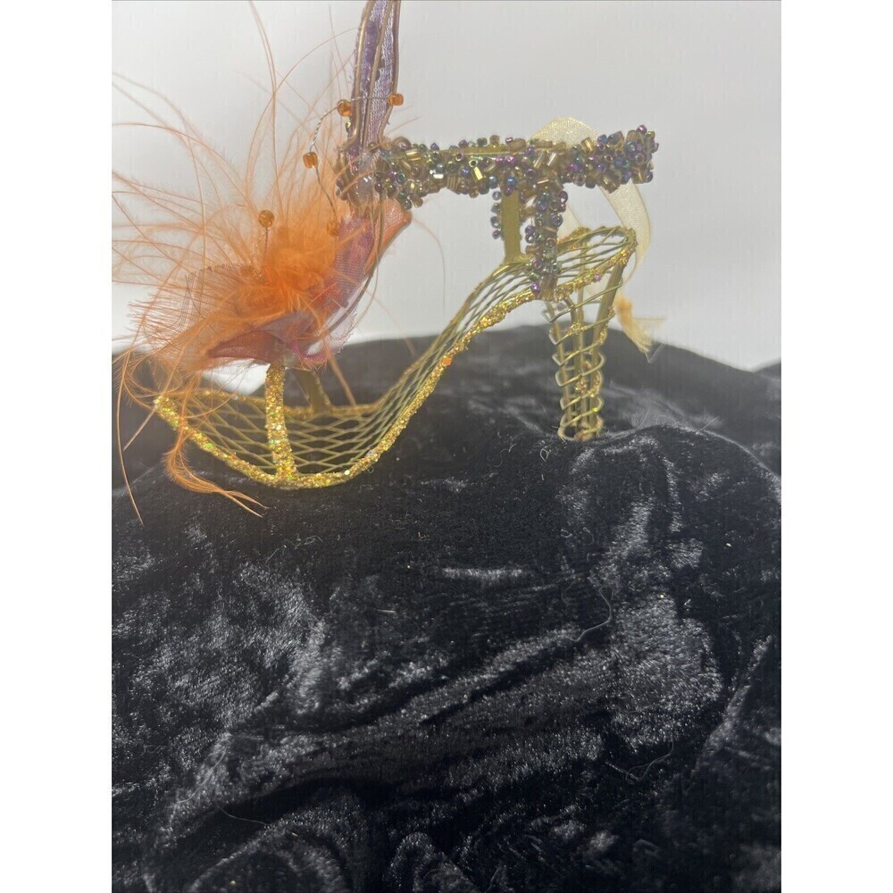 Pier 1 Heel Gold Glitter Beads And Feather Pump Christmas Ornament Shoe Holiday